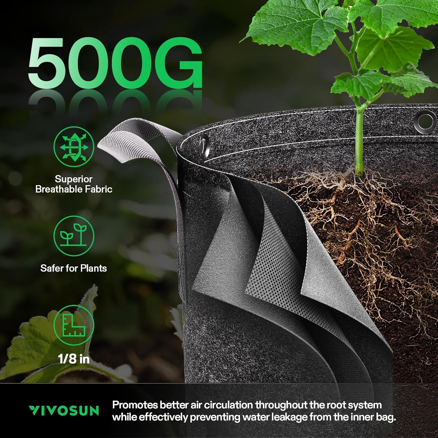 VIVOSUN 5-Pack 5 Gallon Grow Bags, 500G Thick Nonwoven Fabric Pots with Strap Handles, Multi-Purpose Rings, for Low Stress Plant Training Fruits, Vegetables, and Flowers