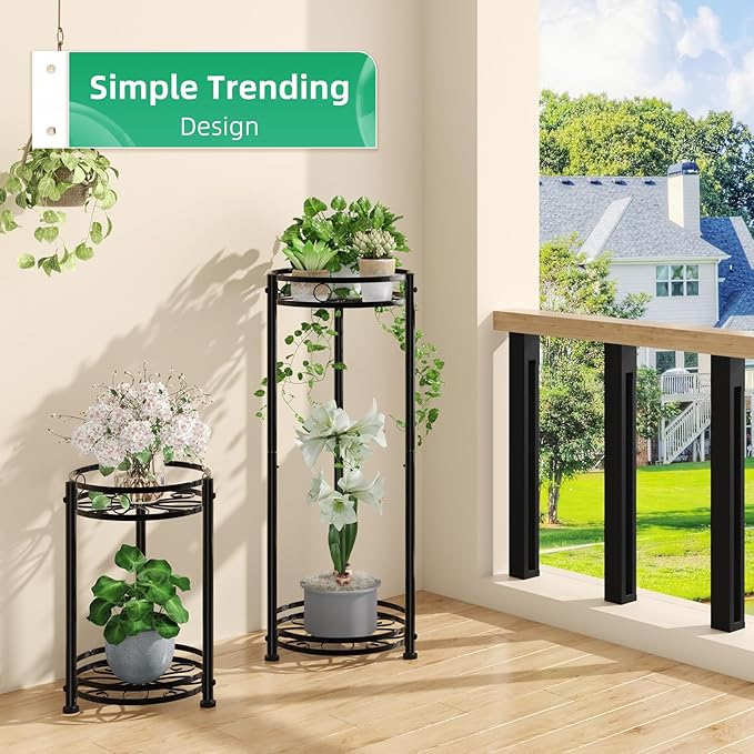 Simple Trending Round Plant Stand Indoor Outdoor, Waterproof Metal Tall 31” Plant Shelf Holder, Heavy Duty Flower Pot Display Rack, 2 Pack, Black