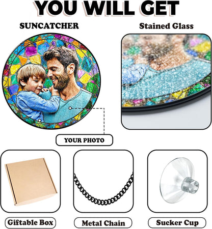 Personalized Grandpa Stained Glass Suncatcher, Photo Family Faux Stained Glass Window Hanging Ornament, Custom Photo Gift for Dad from Son Daughter, Birthday Gift for Grandpa, Uncle