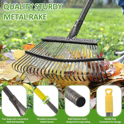 Garden Leaf Rake Set with 25 Tines, Heavy Duty Metal Rake for Leave (Adjustable 73" Long, 18" Wide) with 32 Gallon Reusable Leaf Bag, Ideal for Yard Lawn Shrub Gardening