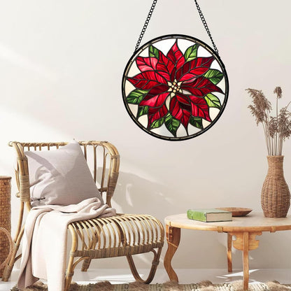 Stained Glass Window Hanging - Red Poinsettia Birth Flower Suncatcher for Door Garden Yard Sun Catchers Decor Christmas Mother's Day Birthday Gifts for Women Mom Nana Friend Men 7.8 in