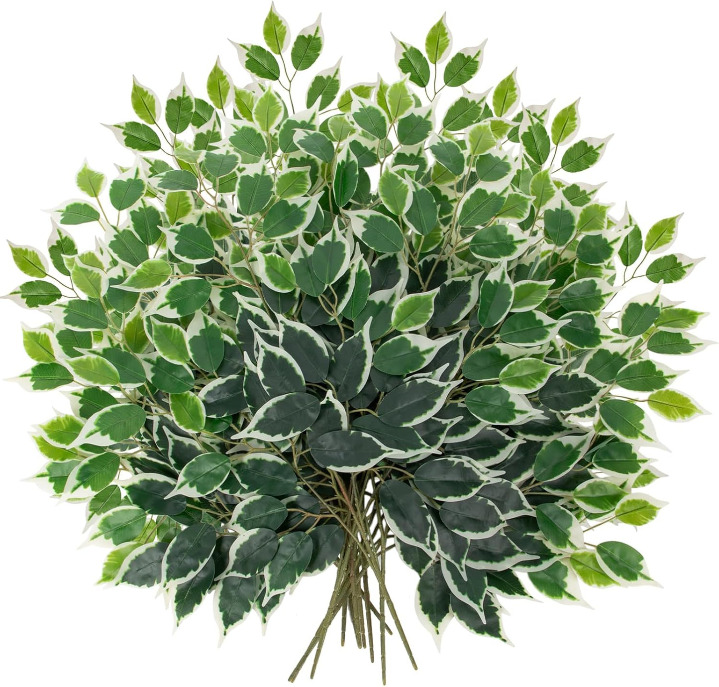 24PCS Ficus Leaves Artificial Branches - 24" Faux Ficus Greenery Tree Branches - Fake Leaves Sprays for DIY Arch Wedding Wall Decor - Green & White