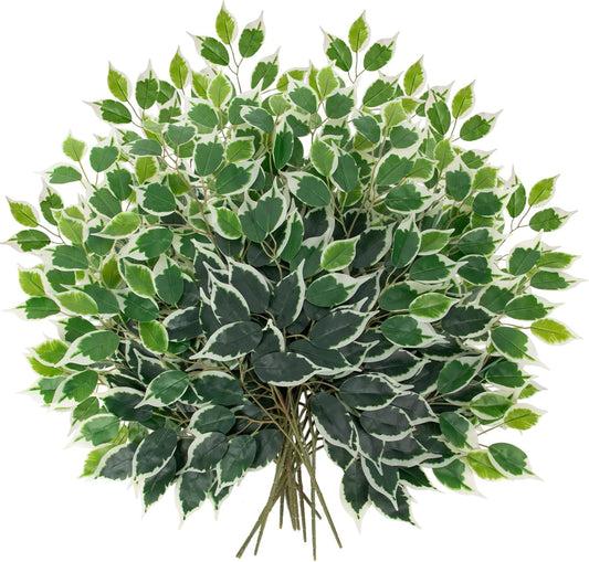 24PCS Ficus Leaves Artificial Branches - 24" Faux Ficus Greenery Tree Branches - Fake Leaves Sprays for DIY Arch Wedding Wall Decor - Green & White