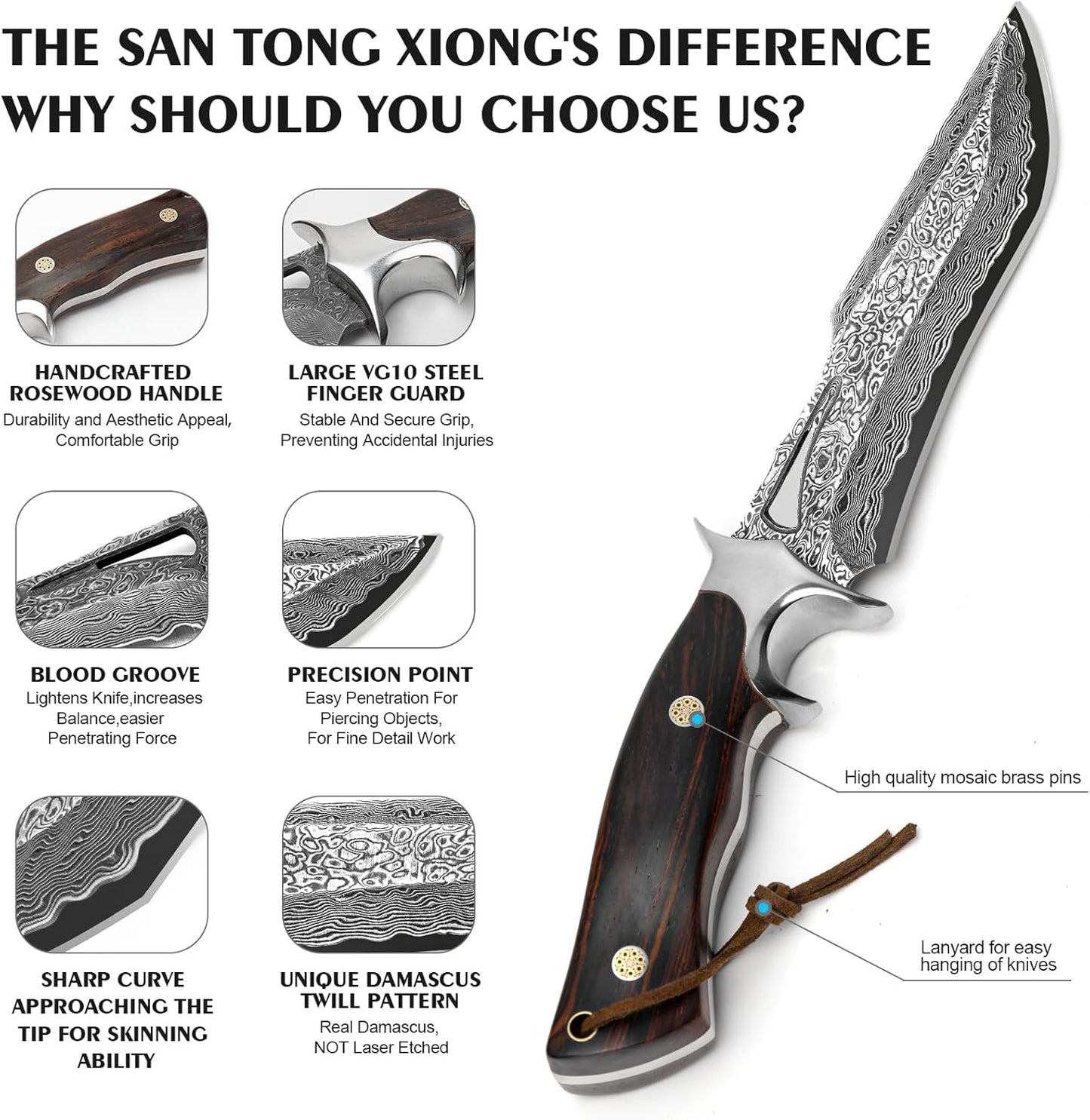 Handmade Damascus Hunting Knife,10.4"Fixed Blade Bowie Knife with Leather Sheath,Real Damascus Steel Knives with VG10 Core &Wood Handle,EDC Full Tang Knives for men women, Adventure,Survival,Hiking,Camping