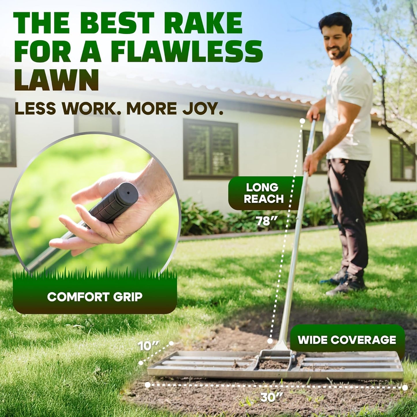 Oris Garden® Lawn Leveling Rake 30 inch - Ground Leveler for yard, sand, soil, grass - Dirt leveling tool, heavy duty stainless steel rakes for golf, grading, gravel, pool seeding, levelling (30 inch)