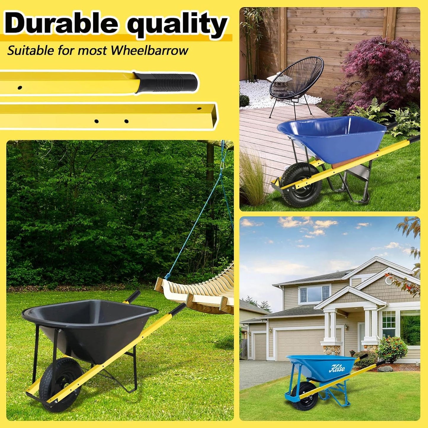 Gisafai 1 Pair Wheelbarrow Replacement Handles Kit 60 Inches Metal Wheelbarrow Handles Heavy Duty Yellow, Easy Install