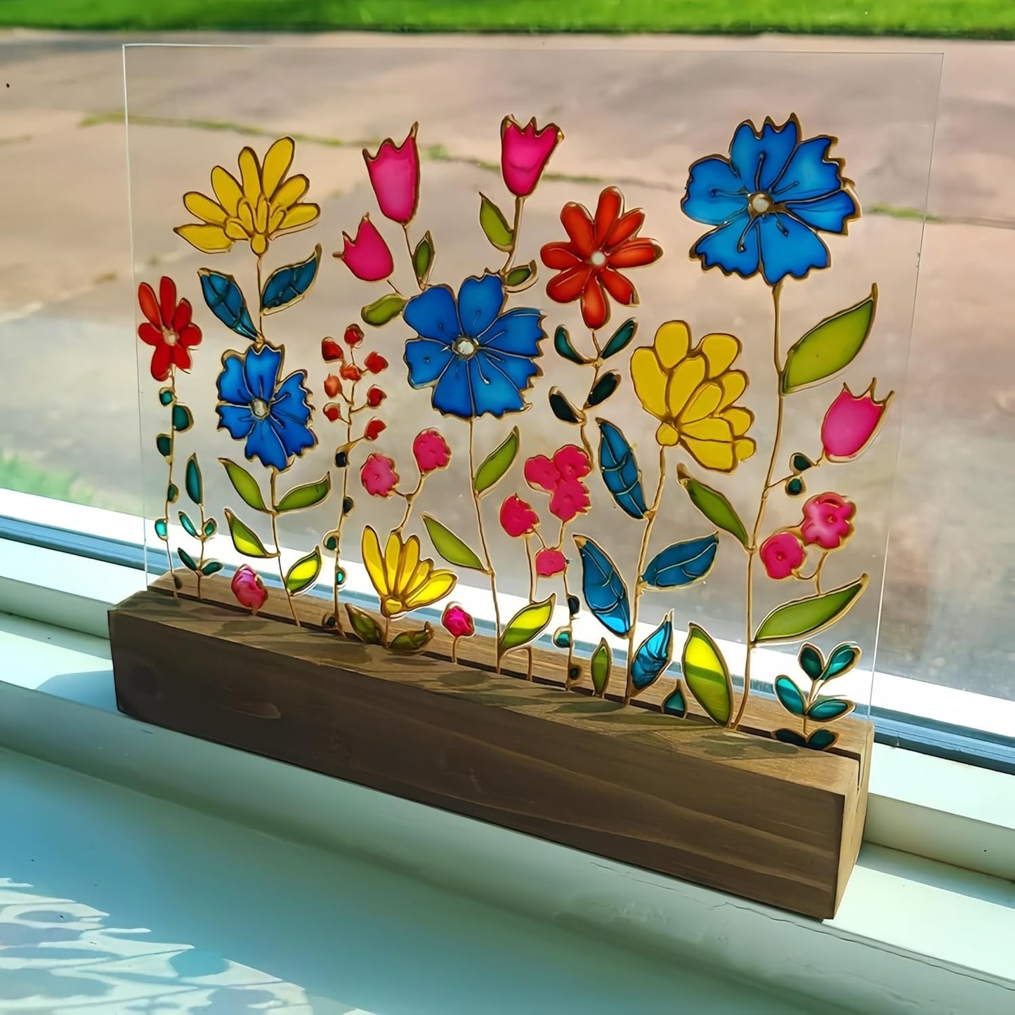 Wildflower Sun Catcher with Wooden Platform Stained Glass Suncatcher Wildflowers Gifts for Women Hand Painted Windowsill Decoration Housewarming Birthday Gift for Women Mother Mom Grandma Friends
