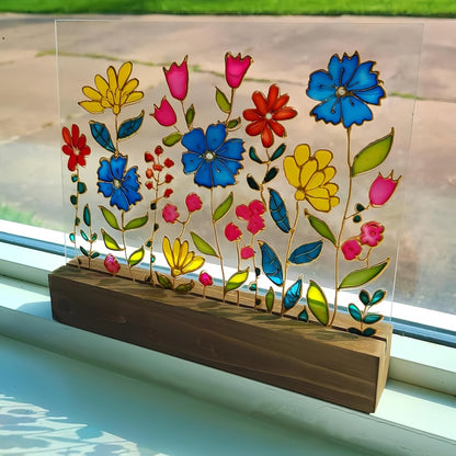 Wildflower Sun Catcher with Wooden Platform Stained Glass Suncatcher Wildflowers Gifts for Women Hand Painted Windowsill Decoration Housewarming Birthday Gift for Women Mother Mom Grandma Friends