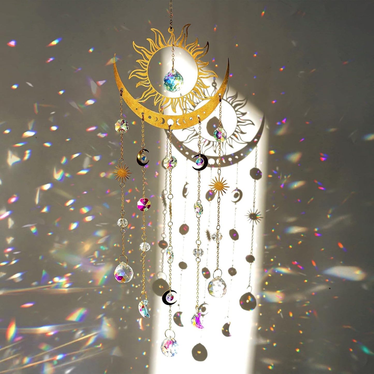 H&D HYALINE & DORA Sun and Moon Suncatcher Crystal Wind Chimes for Hanging Outdoor Indoor Glass Window Hanging Prisms for Garden Backyard Ceiling Room Decor
