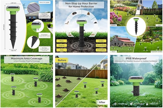 Solar Garden Device – 4 Pack, IP66 Waterproof, Solar Rechargeable, Covers up to 75 sq. ft., Quick 2-Hour Charge, 8–10 Hours Operation, Weather-Resistant Lawn & Garden – eco-Friendly Lawn Spikes,