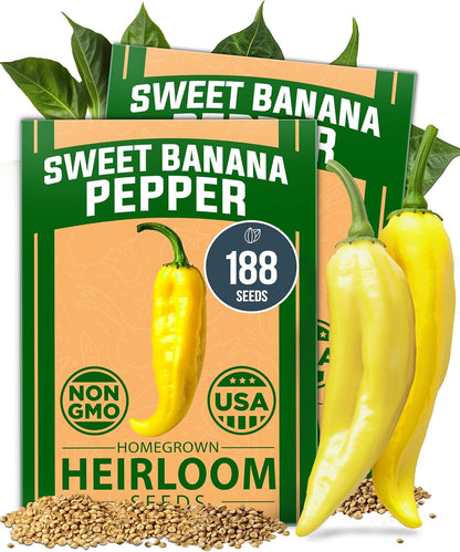 HOME GROWN Banana Pepper Seeds 2 Pack (Capsicum annuum) – 188 𝗡𝗢𝗡-𝗚𝗠𝗢, 𝗨𝗦𝗔-𝗦𝗢𝗨𝗥𝗖𝗘𝗗 Heirloom Seeds, High Germination Vegetable Seeds – Growing Sweet Banana Peppers Indoors or Garden