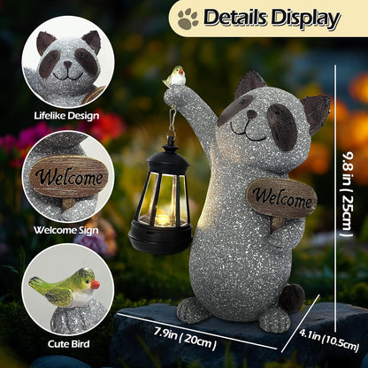 Raccoon Garden Statue with Solar Lantern, Cute Raccoon Figurine Light with Welcome Sign and Bird for Outdoor Patio Balcony Yard, Unique Resin Statue for Mom Grandma Women