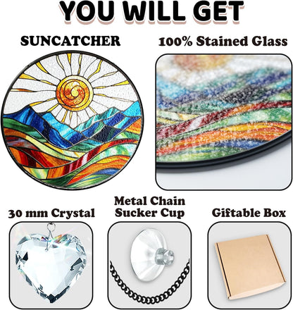 Sun Mountains Stained Glass, Suncatcher for Window Hanging, Suncatcher Art Decor for Home Garden Housewarming, Natural Scenery Gift for Mom, Grandma, Women, Friends, Couples