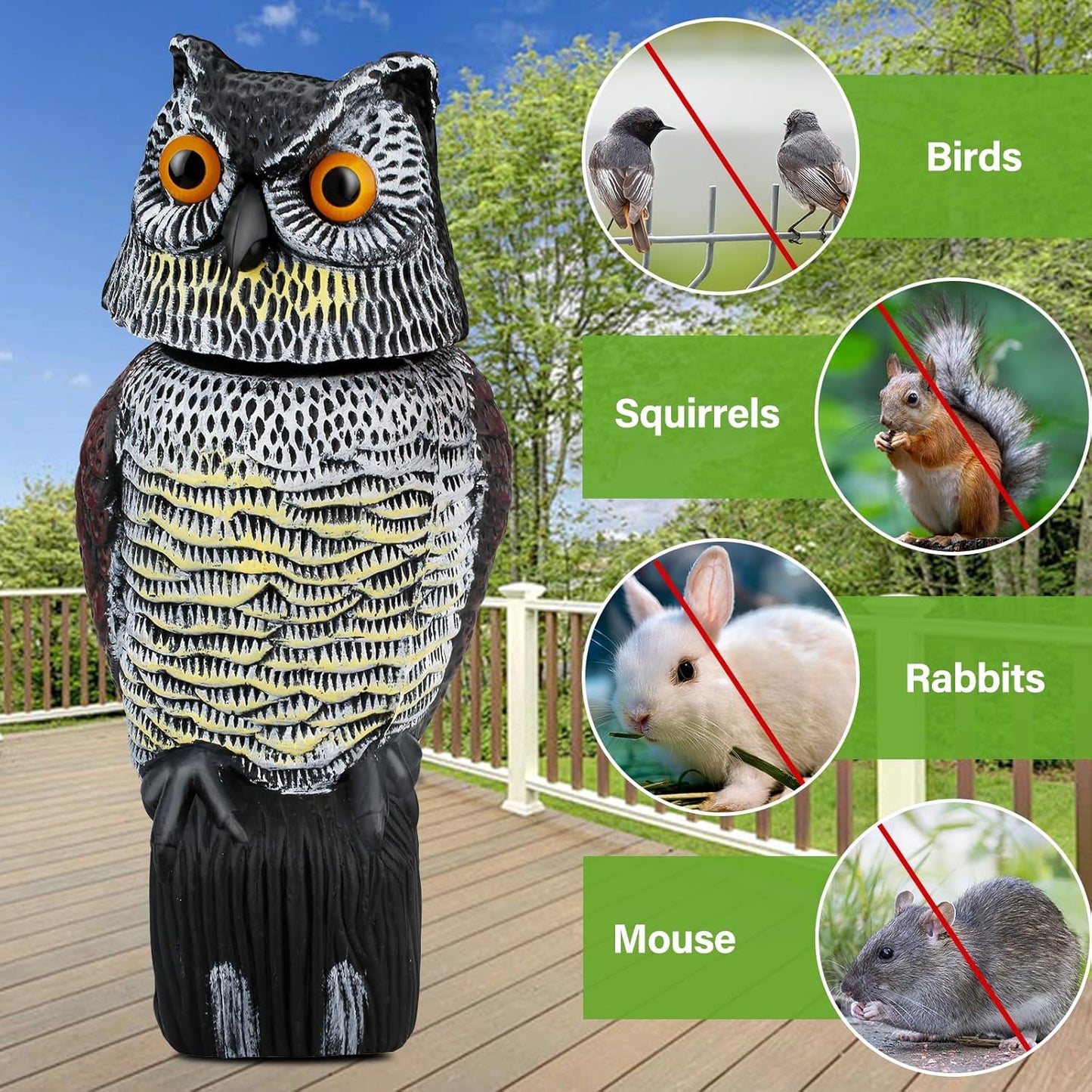 Owl Decoys to Scare Birds Squirrels Away, Rotatable Head Plastic Bird Deterrent, Waterproof Garden Owls Statue for Patio Yard Farm Protection Against Birds, Squirrels, Rabbits, Raccoons