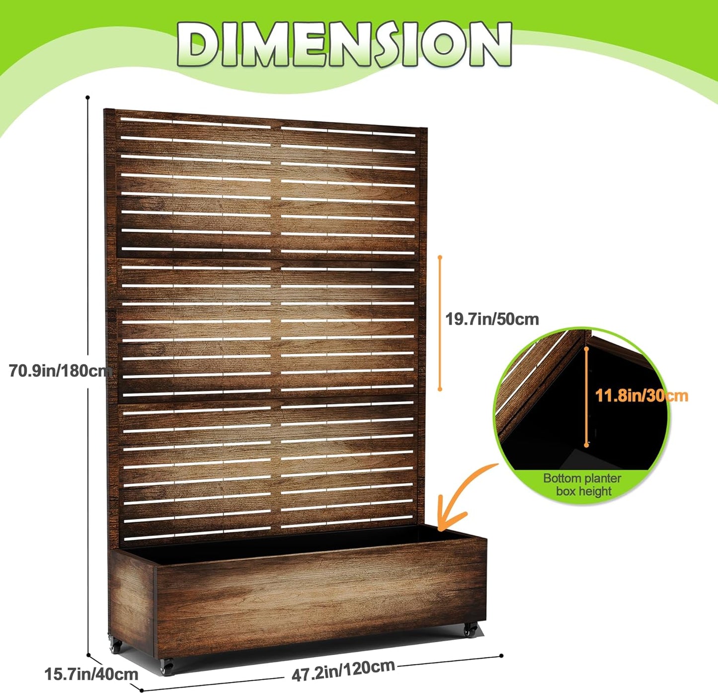 15.7"×70.9"×47.2" Metal Raised Garden Bed with Trellis and Wheels - Tall Trellis Planter Box for Climbing Plants, Vegetables & Vines - Outdoor Privacy Planters for Patio (Vintage Wood Grain)