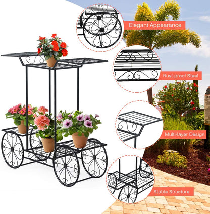 Giantex 6-Tier Plant Stand Flower Pot Holder Metal Flower Display Shelf with 4 Decorative Wheels Multilayer Parisian Style Plant Pot Holder Rack for Indoor, Garden, Patio, 32"L x 10"Wx 30"H, Black
