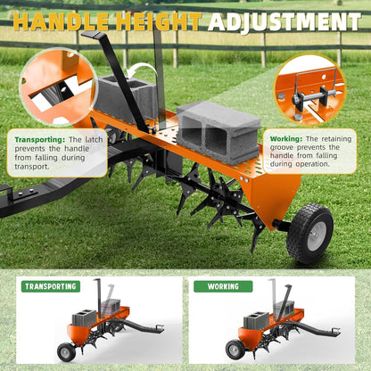 48" Lawn Aerator Tow Behind, Pull Behind Aerator with Universal Hitch, 32 Galvanized Steel Tines, Tray and Pneumatic Tires, Plug Behind Aerator is Suitable for Gardens, Lawns and Farms