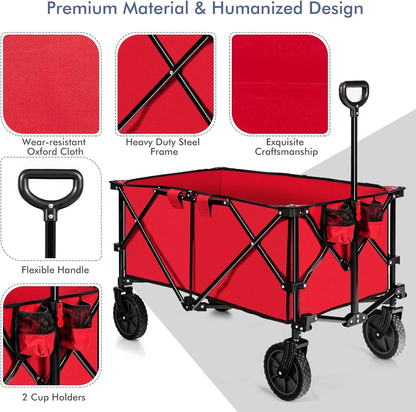 Goplus Collapsible Wagon, Folding Utility Wagon Cart w/Universal Wheels & Adjustable Handle & Cover Bag, Grocery Wagon for Garden Shopping Camping (Red)