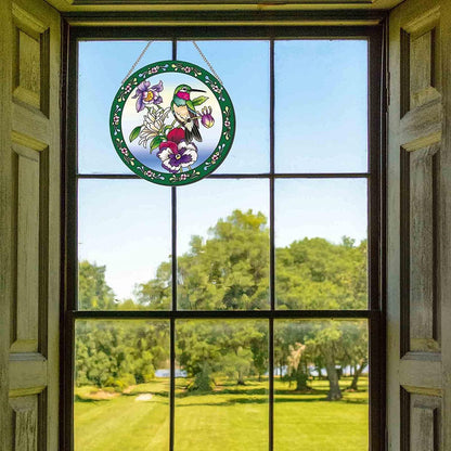 Hummingbird Stained Glass Suncatcher 6" Round, Window Hanging with Chain & Hook, Gift-Boxed Floral Bird Window Decor, Gift for Mom & Grandma