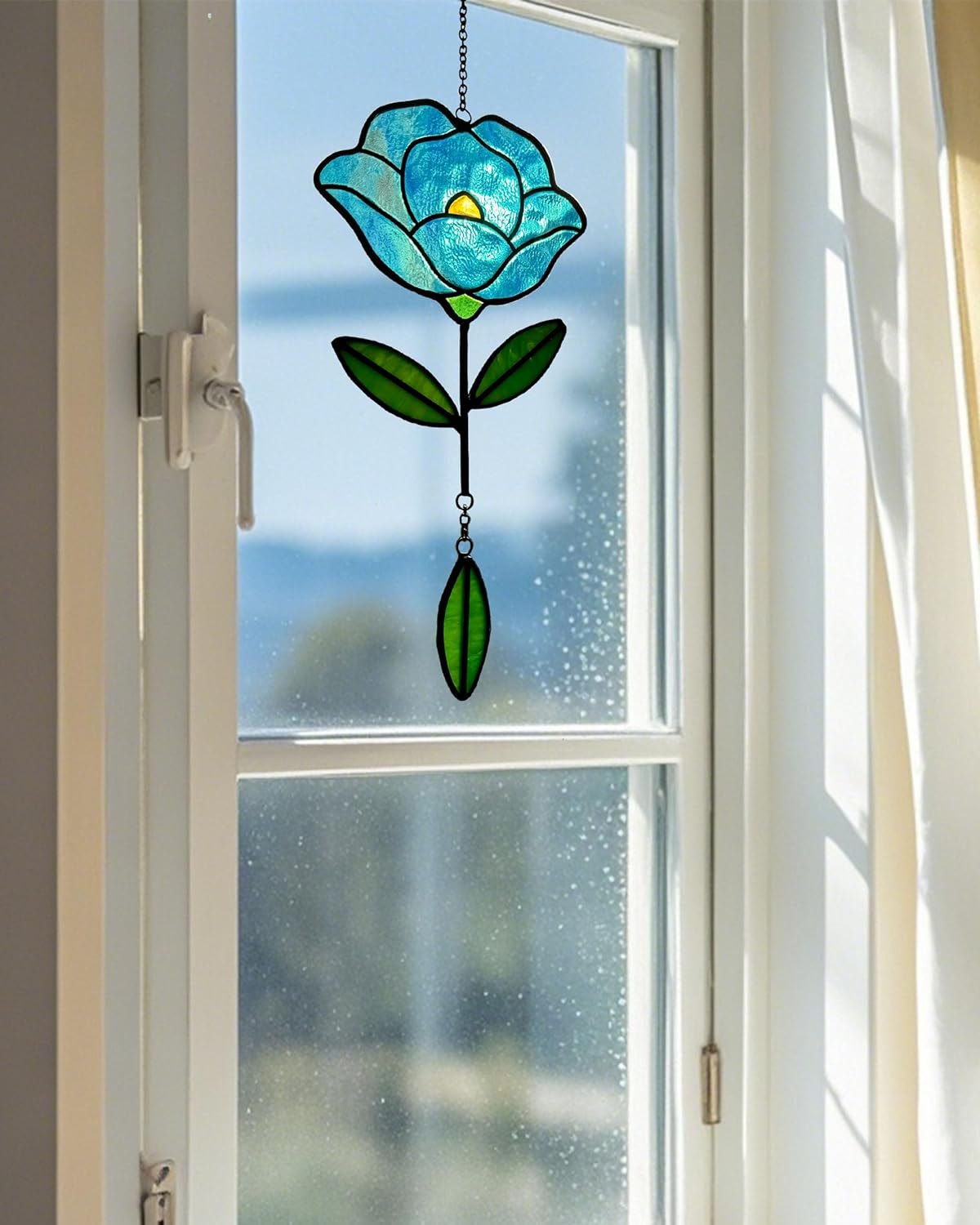 Stained Glass Window Hangings, Handcrafted Garden Suncatchers for Window and Home Decor, Unique Artisan Glass Ornaments for Indoor and Outdoor Use, Blue