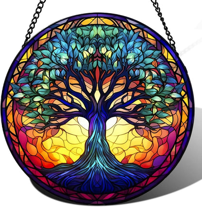 Tree of Life Suncatcher -7.9 in Stained Glass Window Hanging Catcher Garden Decor