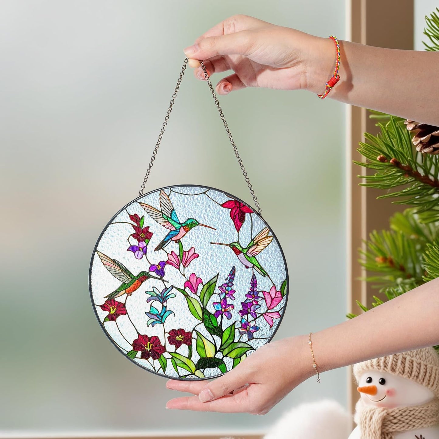 7.8" Green Hummingbird Stained Glass Suncatchers, Bird and Flowers Art Glass for Sun Catcher Indoor Window Gift for Animal Nature Floral Bird Lovers Women Mom Friend Painted Panel Décor BIRD-18B-SG8
