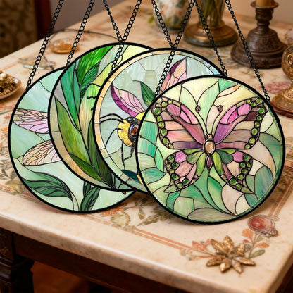 Stained Glass Window Hanging 4 Pcs Set Pink Green Insect Theme 6.3" - Butterfly Suncatcher Door Garden Sun Catcher Decor Birthday Christmas for Mom Woman Nana Men