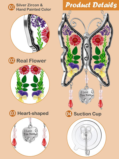 KY&BOSAM Butterfly Suncatcher Nana Gifts Stained Glass Window Hanging Wind Chime with Real Flower Wings and Metal I Love You Nana Heart Charm Gift for Women Birthday Mother's Day Christmas Tree Decor