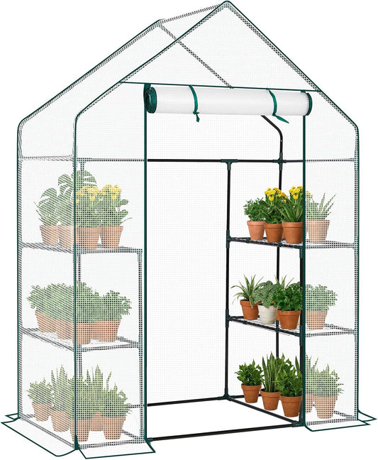 Outvita Walk-in Greenhouse, Outdoor Durable PE Plant Green House for Frost Protection with 3 Tiers 4 Shelves, Shelf Clips, Roll-up Zipper Door, 56"x29"x77" White