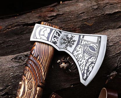 Wazir Crafts Viking Axe |Carbon Steel Engraved Blade with 18″ Wooden Handle & Leather Sheath | Collectible Norse Design Hatchet for Camping & Gifting (WCA-014)
