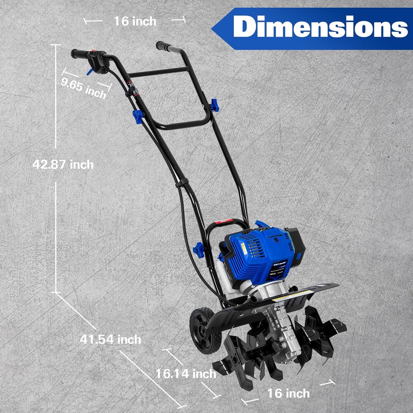 BILT HARD 46cc 4-Cycle 1.9HP Gas Powered Tiller Cultivator - 16" Heavy-Duty Steel Tines Rototiller, Adjustable Wheels & Cushioned Handle Grips for Plowing, Tilling, Weeding in Garden, Farm