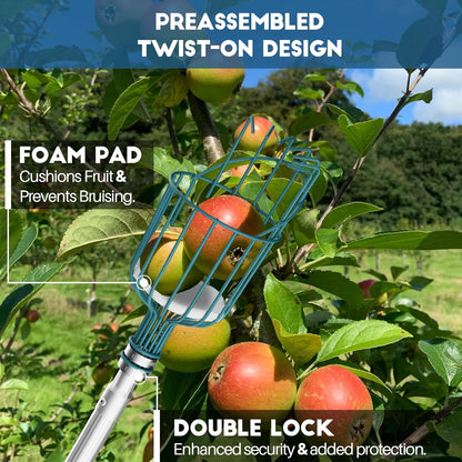 12FT Telescoping Fruit Picker (20+ Foot Reach) | Lightweight High-Grade Aluminum Extension Pole with Easy Attach Twist-On Apple Basket | Durable Fruit Picking Tool