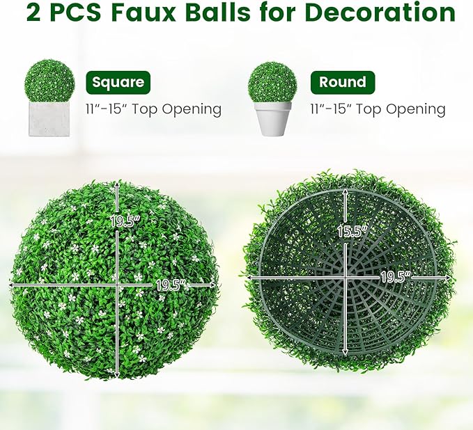 Goplus 2 PCS 19.5 Inch Artificial Plant Topiary Ball, Round Holly Faux Boxwood Balls Outdoor with White Flowers, Garden Spheres Decorative for Front Door, Porch, Backyard, Balcony, Patio, Wedding