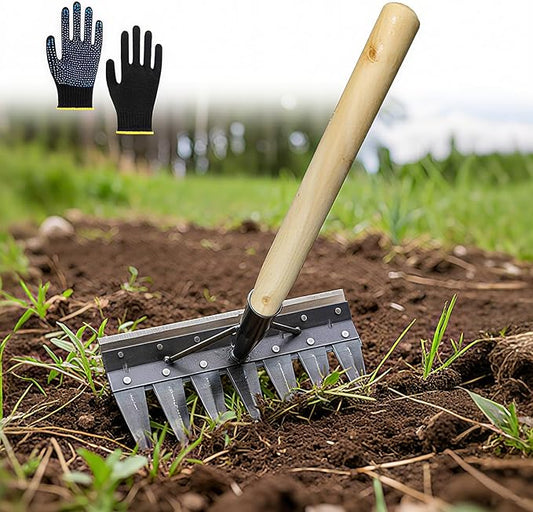 7-Pronged Heavy-Duty Garden Tiller Featuring a Wooden Handle,Iron Weed Puller Tool,New Spray-Painted Iron Manual Weed rake,Gardinia uprooting Tool,Suitable for Lawn and Garden