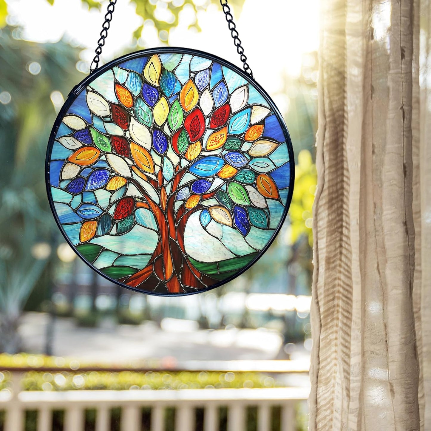 kdqua Tree of Life Suncatcher Stained Glass Window Hanging, Sun Catchers Indoor Window Glass Round Wall Decor, Nature Wall Art Hanging Decorations Statues Christmas & Birthday Gifts, 7.9x7.9in