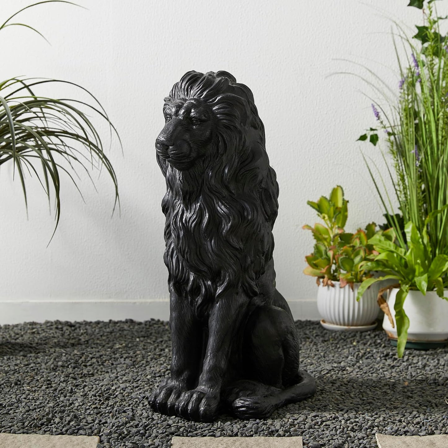 Glitzhome Guardian Sitting Lion Garden Statue MGO Outdoor Decoration, 27.75" H, Black