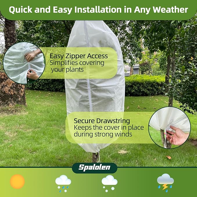 2 Pack Plant Covers Freeze Protection, 75"W x 90"H Winter Frost Blanket 2.36 oz/yd² Fabric Frost Cloth Tree Covers Shrub Jacket Bag with Zipper & Drawstring for Plants Fruit Tree Shrub Potted - White