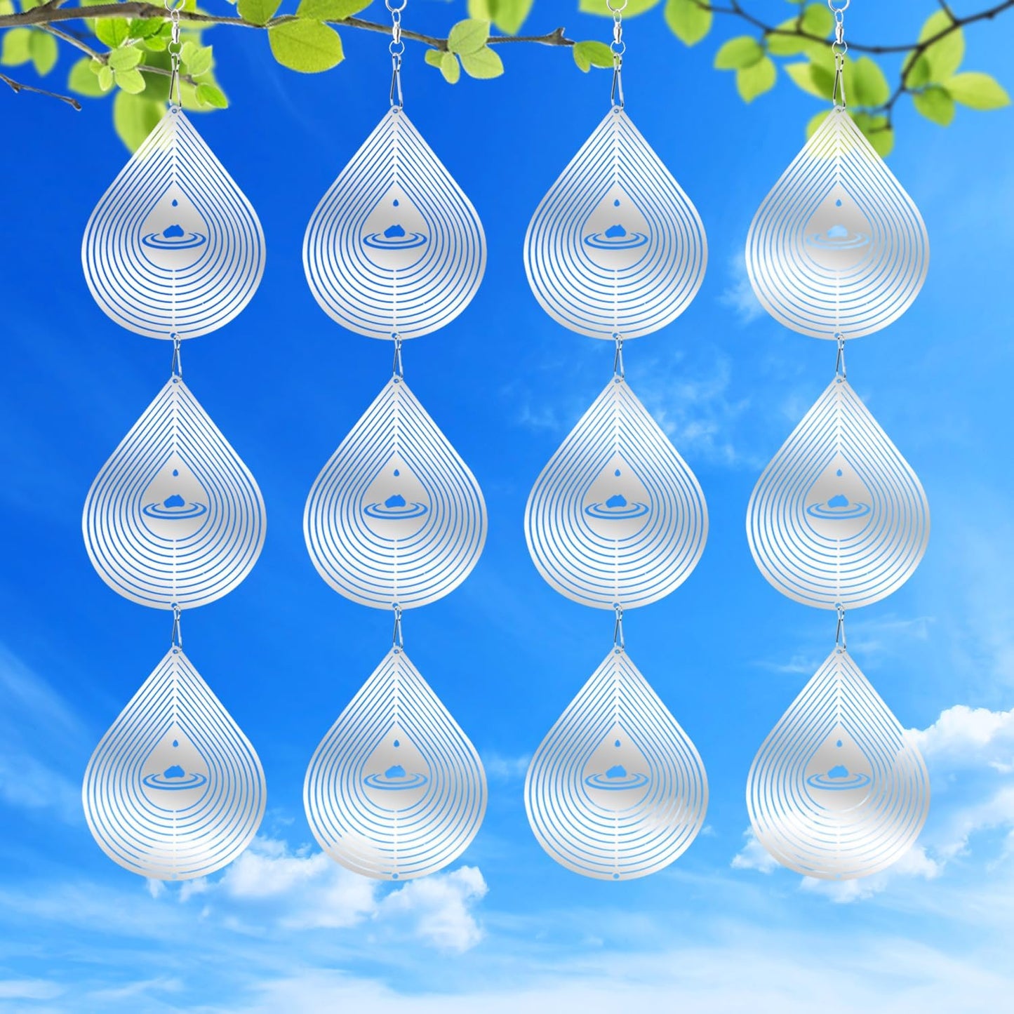 3D Water Drop Pendant Stainless Steel Wind Spinners, Bird Scare Discs with Metal Shiny Highly Reflective Double Sided 360°Rotating, Deterrents to Keep Scare Birds Away from Garden Patio Porches Yard