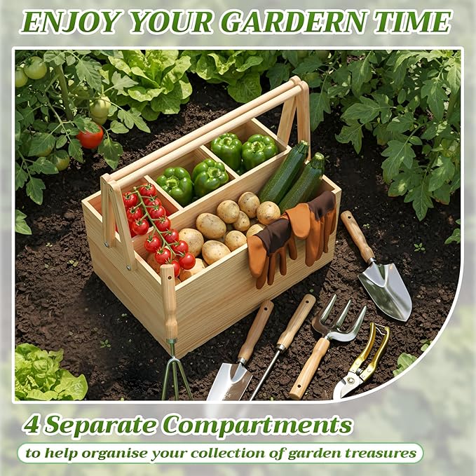 Remerry 8 Pcs Garden Tools Set Harvest Basket Wood Stainless Steel Heavy Duty Gardening Hand Tool Pruning Shears Gloves Garden Caddy Harvesting Basket Gifts for Gardening Lovers Enthusiasts Planting