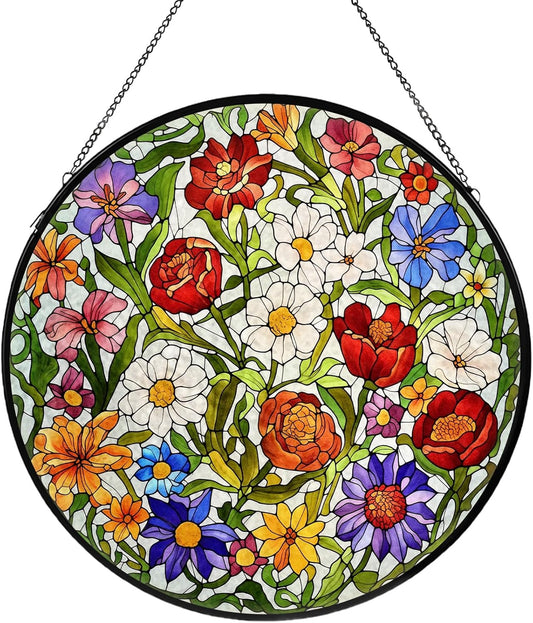 Flower Stained Glass Window Hanging, Suncatcher Diamond Glass Panel Hangings, Wildflower Colorful
