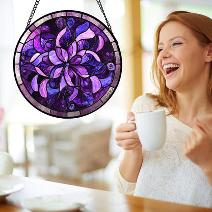 Stained Glass Window Hanging - Purple Abstract Flower Suncatcher for Door Garden Patio Sun Catchers Decor Christmas Mother's Day Birthday Gifts for Women Men Mom Nana Aunt Friend 15 in