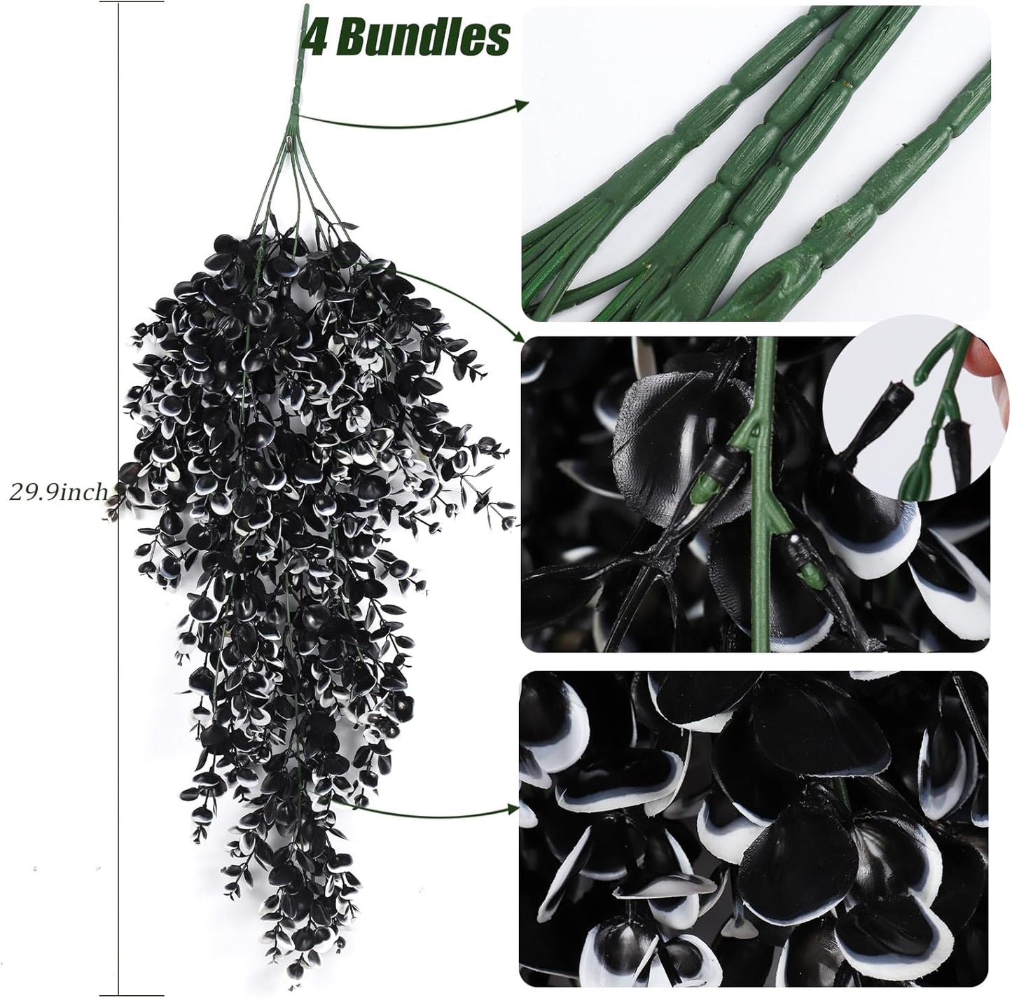 RECUTMS 4 Pcs Artificial Flowers Eucalyptus Leaves Plants Faux for Indoor OutsideWall Garden (Black White)