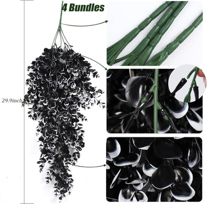 RECUTMS 4 Pcs Artificial Flowers Eucalyptus Leaves Plants Faux for Indoor OutsideWall Garden (Black White)