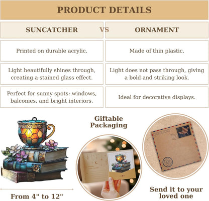 Bookish Teacup Acrylic Suncatcher Stained Glass Effect Window Car Hanging Christmas Ornament Indoor Outdoor Decor Garden Sun Catcher Panel Gifts for Bookworm Lover for Women Mom Grandma