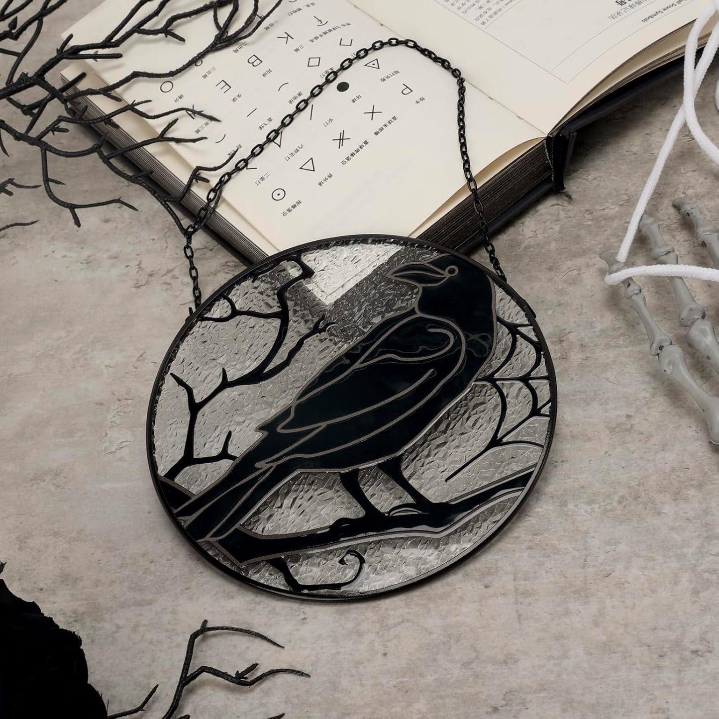 Raven Stained Glass Suncatcher Window Hanging Decoration, Halloween Gothic Black Crow Glass Ornament for Window, Home, Kitchen, Living Room Decor