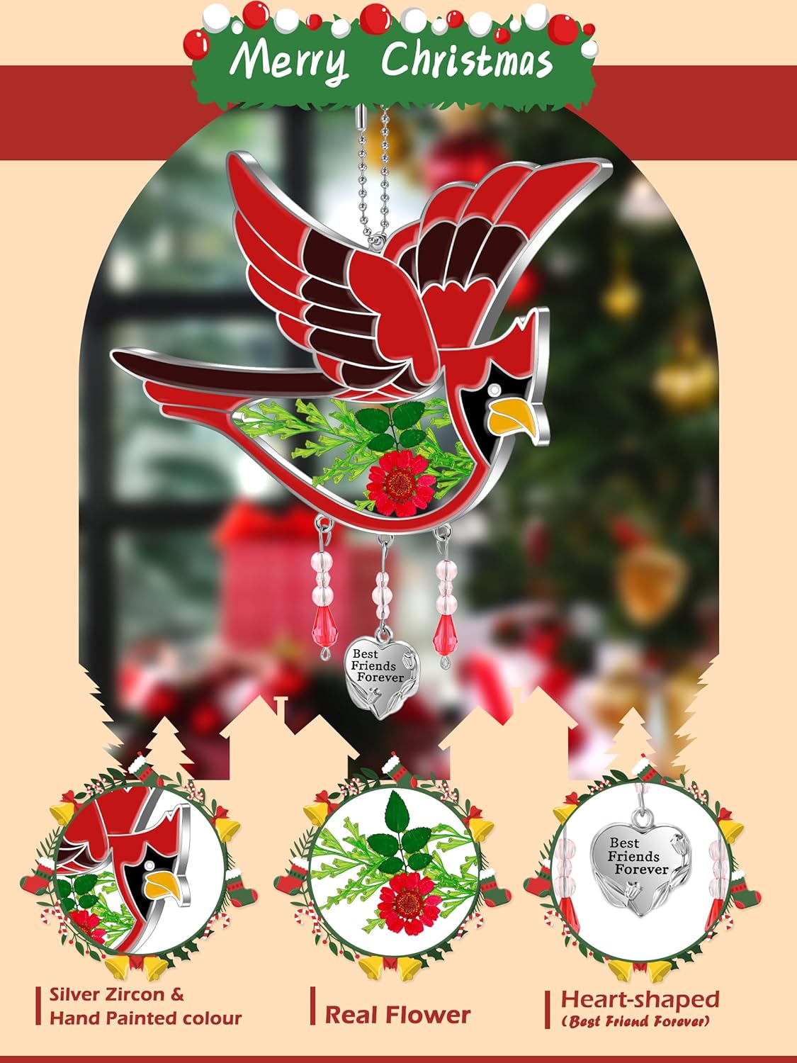 KY&BOSAM Cardinal Suncatcher Hand Painted Suncatchers for Windows Hanging Wind Chime with Pressed Flower Cardinal Embedded in Glass Gift for Friend Mother`s Day Birthday Christmas(Best Friend Forever)