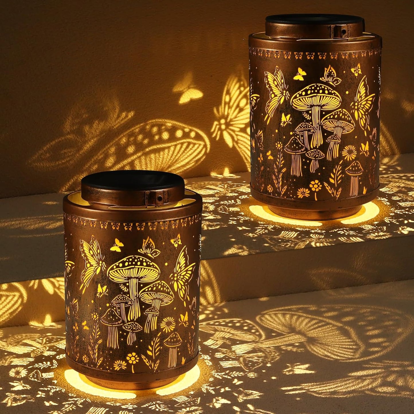 2 Pack Solar Lanterns Outdoor Waterproof Garden Decor Gifts for Women Mon Grandma Metal Hanging Solar Lights Decoration for Outside LED Lanterns for Yard Patio Lawn(Mushroom)