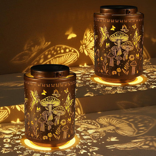 2 Pack Solar Lanterns Outdoor Waterproof Garden Decor Gifts for Women Mon Grandma Metal Hanging Solar Lights Decoration for Outside LED Lanterns for Yard Patio Lawn(Mushroom)