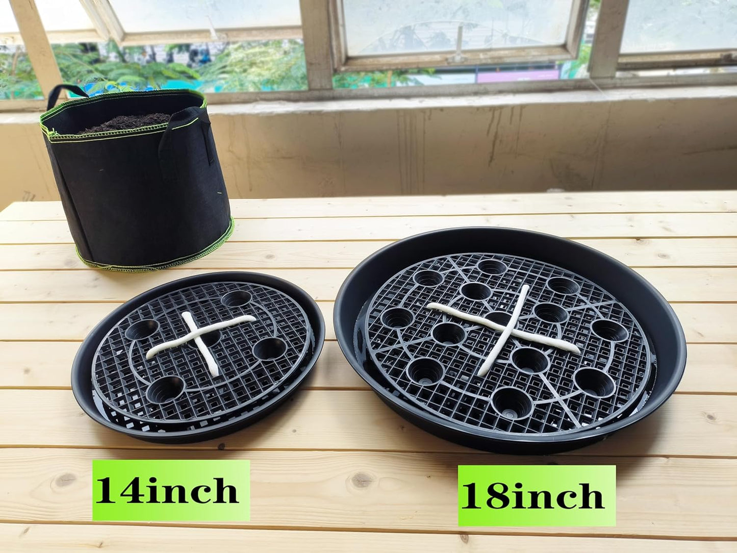 Plastic Plant Saucer Stand,4-Pack 14 inch, Elevated Plant Saucer Self-Watering Fabric Pot Base, Use Nonwoven Grow Bags, Plant Saucers Flower Pot Tray for Indoor-Outdoo and Grow Tents Greenhouses