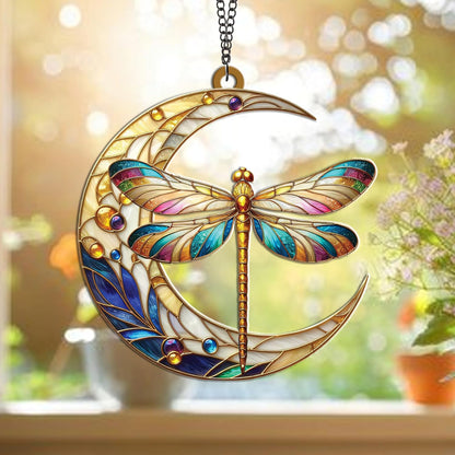 Dragonfly Moon Christmas Suncatcher – Acrylic Dragonflies Ornaments for Christmas Tree Decoration, SunCatcher Hanging Decor for Home Garden, Nature Insect Gift, Boho Dragonfly Decor for Women (Sun-24)